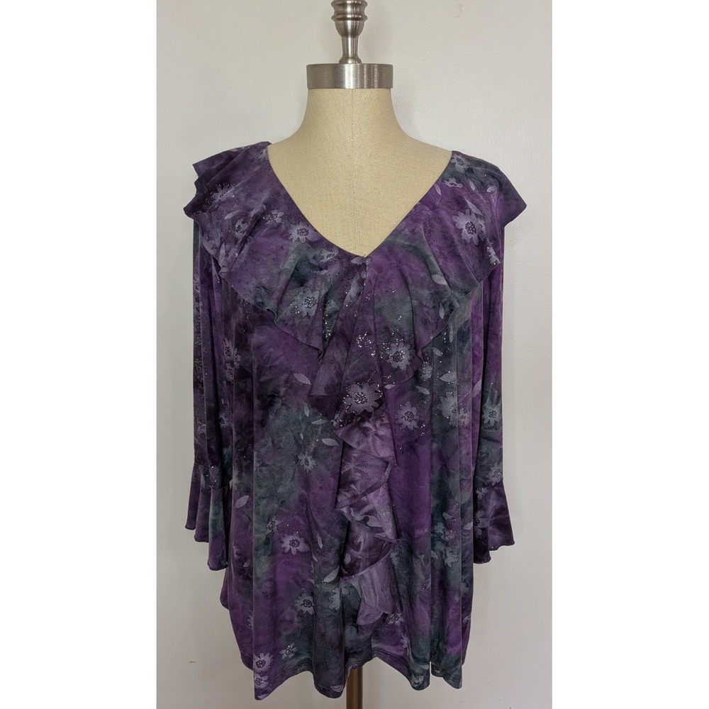 Dress Barn Size 1X Whimsigoth Boho Y2K Bell Sleeve Top Purple Floral Shimmer